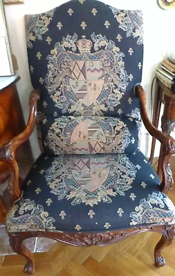 PAIR Carved Mahogany Louis XIV Style Open Armchair Fauteuil Black Tapestry Frenc • £1275