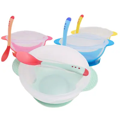 3pcs Baby Feeding Bowl Toddler Infant Weaning Bowls & Temperature Sensing Spoon • £4.02