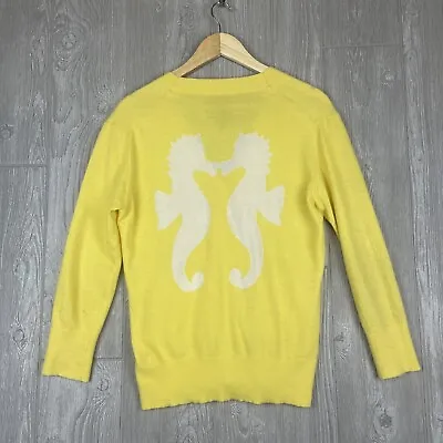 $25 • Buy SEATON Yellow Cashmere Knit Seahorse Kissing Sweater Cardigan Women Sz Small