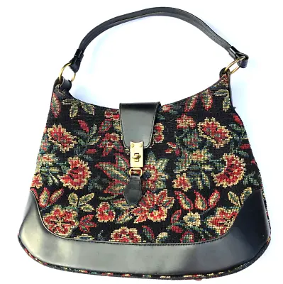 Italian VTG Black Floral Needlepoint / Tapestry And Black Leather Handbag Purse • $100