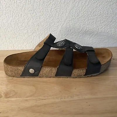 Haflinger Womens Size 10 Sandals  Black Slides  Open Toe Cork Low Wedge  Comfort • $66