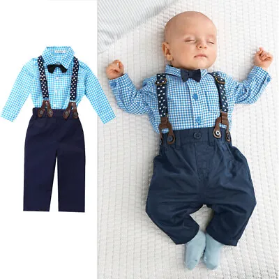 Newborn Infant Baby Boys Gentleman Clothes Button Shirt Strap Pants Outfits Set • £12.99