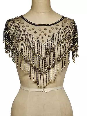 Beaded Fringe Collar Dance Cape Elegant Black Lace W/gold Beads 12” Wide Opening • $9.99