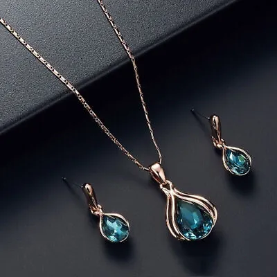 Women Rhinestone Water Drop Necklace Earrings Ring Charm Jewelry Set Blue Green • £4.74
