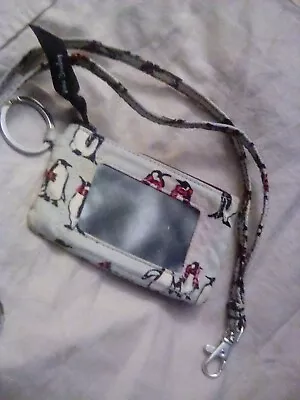 Vera Bradley Playful Penguins Zip ID & Lanyard 19  Silvertone Hardware GUC • $18