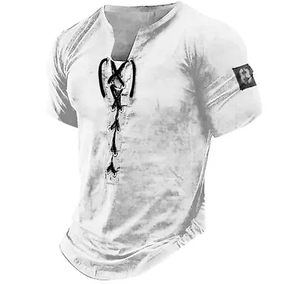 Mens Lace Up V Neck Muscle Slim Fit T-Shirt Short Sleeve Gym Sport Fitness Tops • $18.21