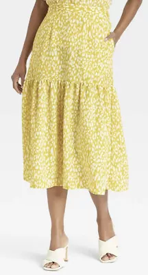 Who What Wear M Medium Yellow Citrus Leopard Print Tiered Midi Skirt Women’s New • $16.88