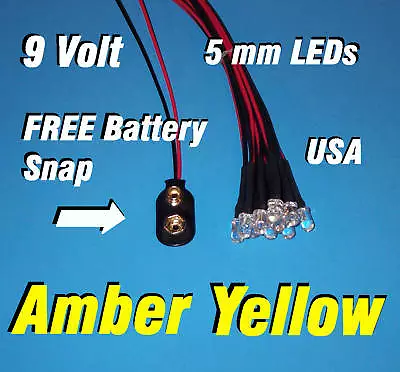 10 X LED - 5mm PRE WIRED LEDS 9 VOLT AMBER / YELLOW  PREWIRED 9V • $6.99