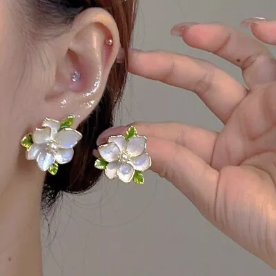 New Vintage Gardenia Drop Glazed Stud Earrings Women Jewelry Accessories • $6.99