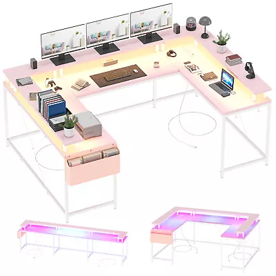 Fashional U Shaped Desk With Power Outlets & LED Lights & Drawers For Home • $197.99