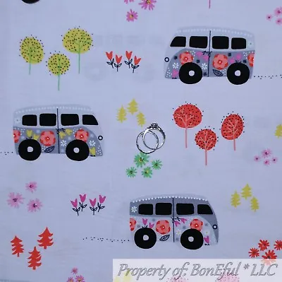 $8.20 • Buy BonEful FABRIC FQ Cotton Quilt White VW Van Bus Flower Power Hippie Camp Girl US