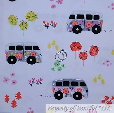 BonEful FABRIC FQ Cotton Quilt White VW Van Bus Flower Power Hippie Camp Girl US • $7.18