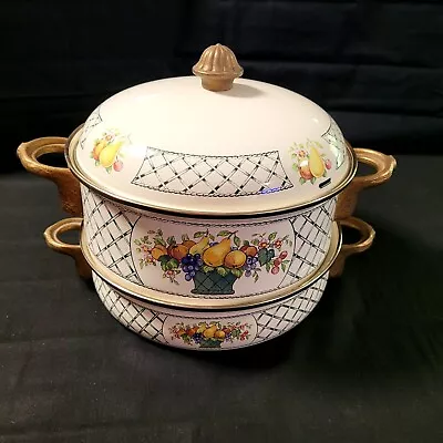 Double VILLEROY AND BOCH Metal Stew Pots Basket Pattern With Brass Handles 1 Lid • $34.50