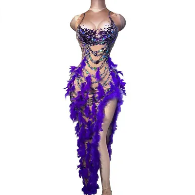 Costume Multi-color Sequin Rhinestones Feather Slit Long Dress Women Dancer  • $73.68