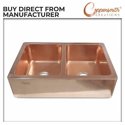 Double Bowl Smooth Shining Copper Kitchen Sink Belfast Farmhouse Butler Style • £809