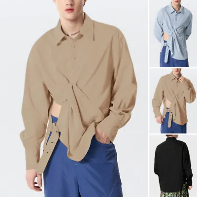 Mens Lapel Neck Ruched Lace Up Tie Shirts Solid Long Sleeve Tops Casual Shirt • £19.99