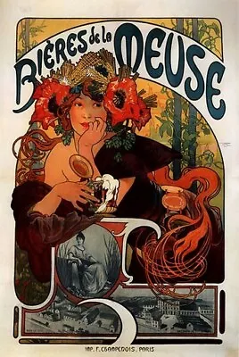 ALPHONSE MUCHA VINTAGE POSTER - Bieres De La Meuse Ad • $9.98