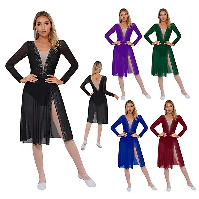 UK Womens Lyrical Dance Dress Mesh Long Sleeve Dance Costume Skirted Leotard • £23.99