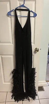 WOMENS VNT JUMPSUIT Small BLACK STRETCHY CATSUIT BODYSUIT Halter Feather 90s Y2k • $132
