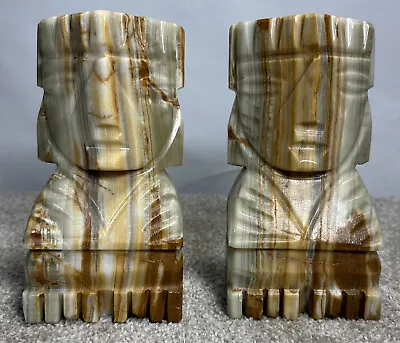 Pair AZTEC MYAN TOTEM POLE MEXICAN ONYX AGATE MARBLE BOOKENDS • Heavy • NICE!! • $40