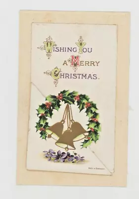 Vintage Christmas  Postcard   FOLD OUT   WREATH GOLD BELLS    EMBOSSED  UNPOSTED • $3