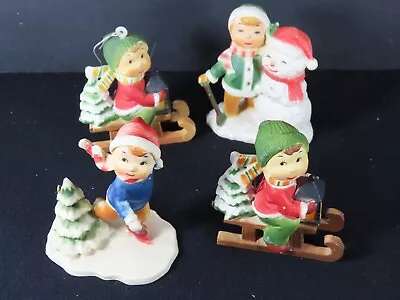 4 Vintage Hard Plastic Painted Christmas Ornaments Lot Boys Sled Hong Kong B8612 • $9.41