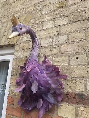 Swan Head Large Wall Mounted Purple Feather Gold Crown Quirky • £129