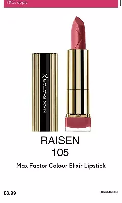 Max Factor Colour Elixir 24Hr Lipstick Raisin 105 Genuine Brand New Sealed Red • £6.99