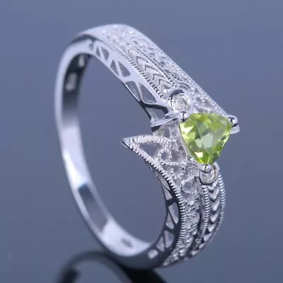 10K White Gold Vintage Pave Peridot Diamond Jewelry Wedding Unique Fine Ring • $626.87