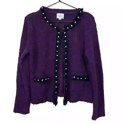 ECI New York Womens Sz L Cardigan Sweater Purple Fuzzy Pearl Detail • $14.40