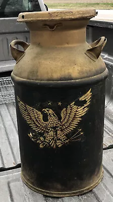 Steel 10 Gallon Milk Can With Lid 24'' Vintage Gold Black Eagle Decal Metal • $49.99