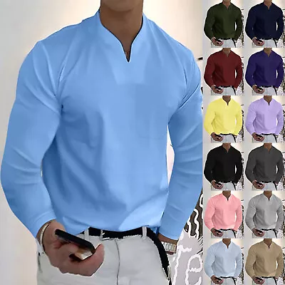 Men's Spring Summer Casual V Neck Solid Long Sleeve T Shirts Loose Tops Blouse • $24.36