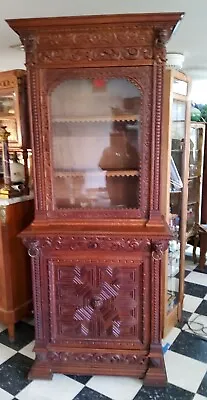 19th Century French Carved Oak Antique Narrow Bookcase/Hunt Cabinet • $3000