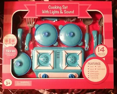 $7.49 • Buy Xmas Gifts Girls Toys Blue Cookware Set Pots & Pans 14-pc Stove Lights Sounds