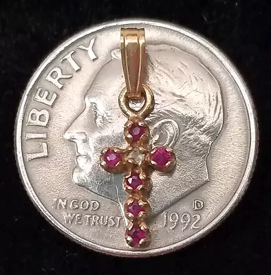 Vintage SOLID 14K GOLD Natural Rubies & Diamond 1/2 Inch Tiny Cross Pendant • $32