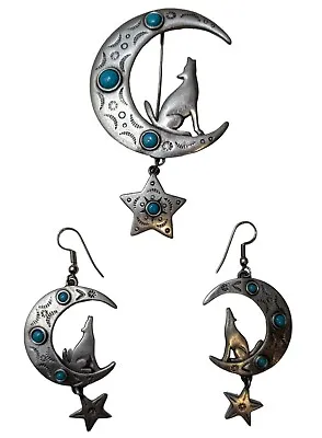 Set Vtg 1988 JJ Jonette Jewelry Howling Wolf Moon Star Turquoise Earrings & Pin • $44.99