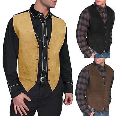 Mens Cowboy Vest Western Vest Retro Faux Suede Waistcoat For Men Sleeveless Vest • $46.83