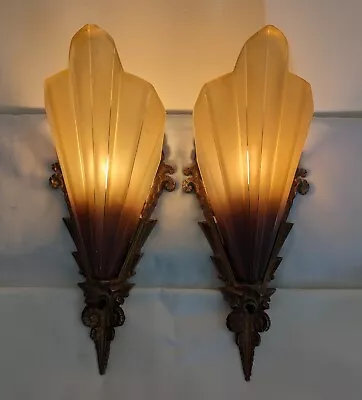 1920s Art Deco MID WEST Soleure Slip Shade Brown Tip Sconces ~ Rewired • $739