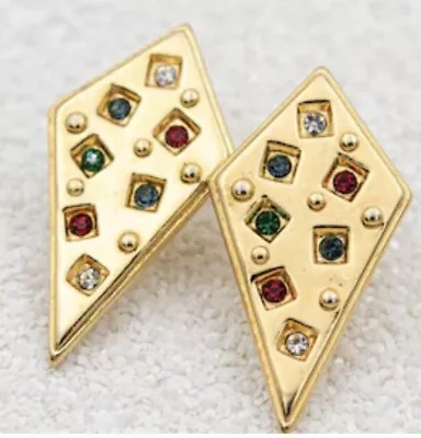 Vintage Gold Tone Rhombus Massive Diamond Shape Colour Crystal Stud Earrings • £19.99