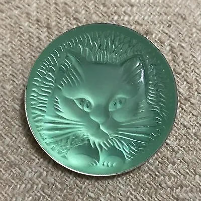 RARE Authentic LALIQUE Cat Chat Satin Green Crystal Silvertone Pin Brooch • £325.79