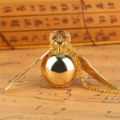 Golden Pocket Watch Men Women Rouns Quartz Watches With Wings Necklace Pendant • $4.59