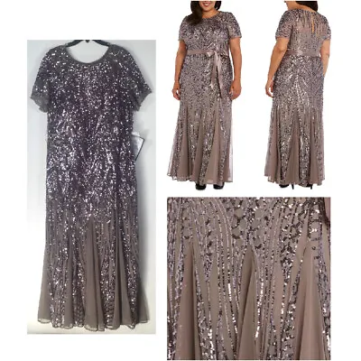 R & M RICHARDS Elegant Sequined Godet Evening Maxi Gown Mocha 18W New Formal • $69.89