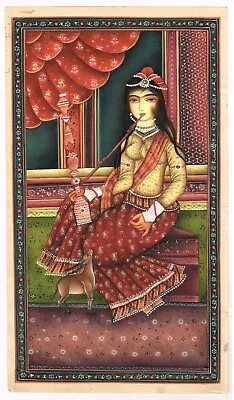 A Qajar Beauty Enjoying Hookah (Smoke) Persian Painting  On Paper 6x11 Inches • $650.99