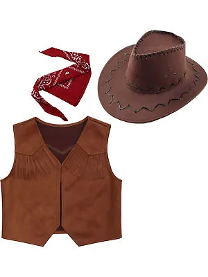 Kids Cowboy Wild West Costume Fancy Dress Western Vest Felt Hat With Bandanna • $15.52