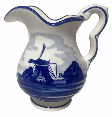 DAIC Hand Painted DELFT BLUE 5” Tall Pitcher Windmills Flowers Holland Stamped! • $25