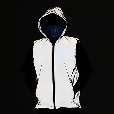 Glow Hip Hop Sleeveless Reflective Coat Hooded Windbreaker Runing Pocket Jacket • $16.79