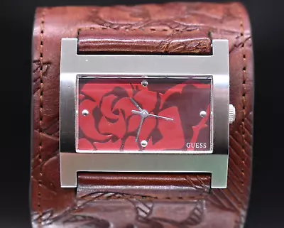 GUESS Watch Women Silver Tone Rectangle Red Dial Cuff Leather Band New Battery • $46.20