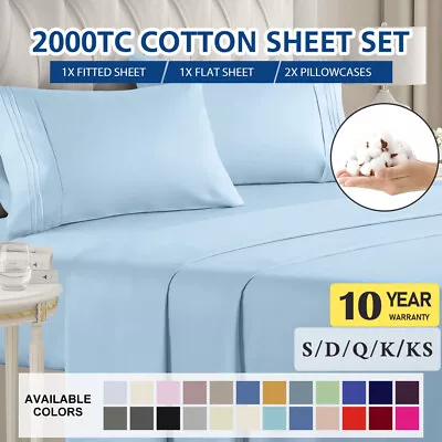 $32.68 • Buy 2000TC Egyptian Cotton Bed Flat Fitted Sheet Set Single/Double/Queen/King Size