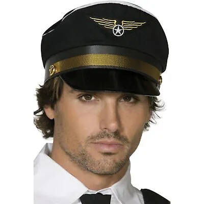 £8.59 • Buy Smiffys Pilots Cap Black Uniform Stag Hen Adults Fancy Dress Costume New