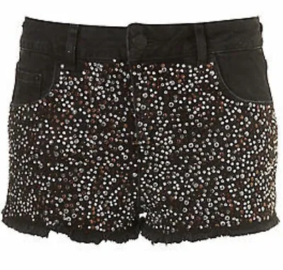 £18 • Buy Topshop Denim Embellished Bead Frayed Shorts Hotpants Festival Holiday Pride 8 6